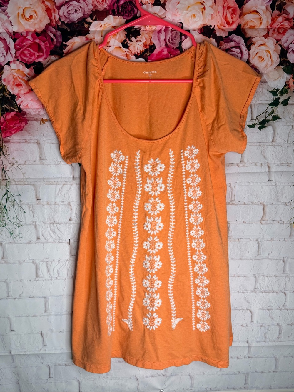 Garnet Hill Orange Scoop-Neck Top with White Floral Embroidery